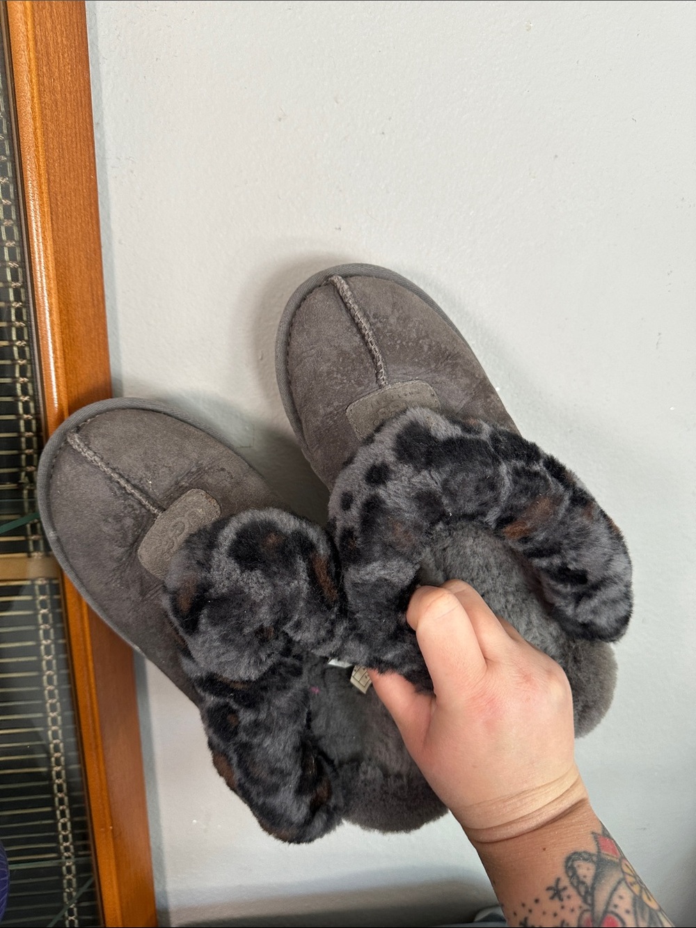 UGG Charcoal Suede Moccasin Slippers with Faux Fur Leopard Cuff